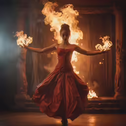 a woman wearing a dress holding up fire flames