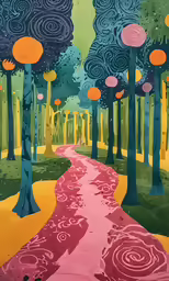 an abstract painting of trees and water in a park