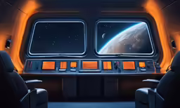 the interior of a space station with a desk and monitors
