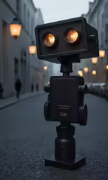 a couple of cameras sitting on top of a metal pole