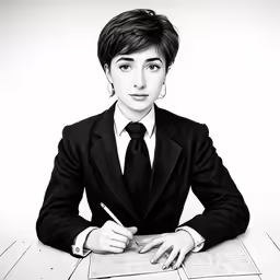 a woman in a suit with a tie sitting at a desk and writing