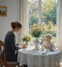 a woman sitting at a table with a baby in front of them
