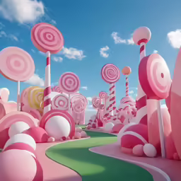 there are many pink and white buildings with large trees