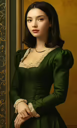 painting of an old woman in a green dress