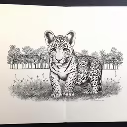 an ink drawing of a leopard cub