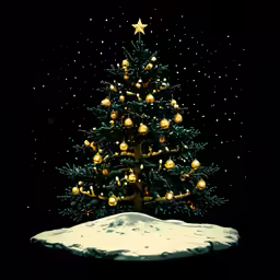 a lit christmas tree with golden balls is sitting in the snow
