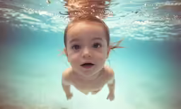 a little girl swimming in some water with one leg in the air