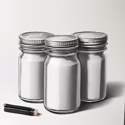 three jars and two pencils are on the white paper