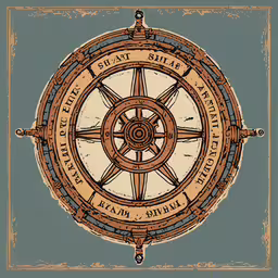an old compass wheel on top of a book cover,an ancient compass with the words ship, compasss and other things in them