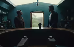 two men standing at the bar talking to each other