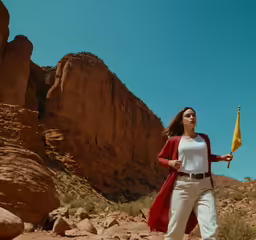 a woman in white and red jacket holding an open umbrella