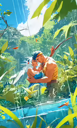a man fishing with no shirt, shorts, and socks in water