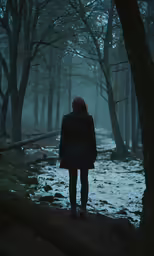 a woman standing in the snow looking at trees