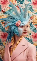 a woman wearing blue feathers is in front of a floral background