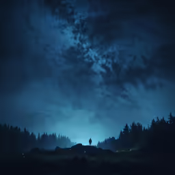 a man standing in a field next to a forest at night