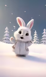 an animated rabbit with snow all over it,a cartoon bunny is posing in the snow