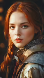 a woman with red hair wearing a metallic suit and a braid
