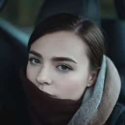 the girl is sitting in the car covered with a scarf
