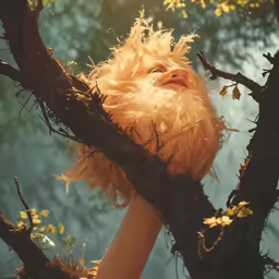 the girl in the tree is wearing a very long fluffy blonde wig