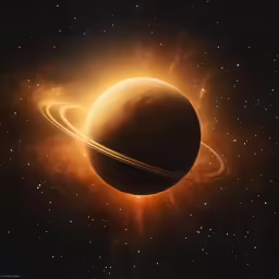 an orange saturn with two rings in the center of the image