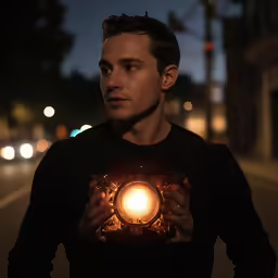 man standing on street with lit up t - shirt on