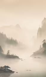 fog hangs over a lake on a misty day