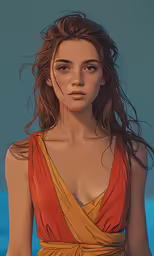 a woman wearing a red, yellow and orange dress