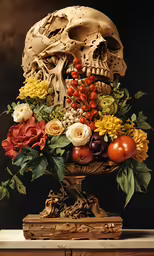 a painting of a skull covered with flowers