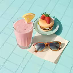 glasses, a strawberry on a plate, a smoothie and a strawberries slice on a white napkin