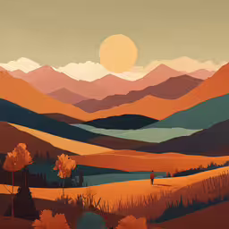 painting of sun and the mountain range,a painting of two people walking across a mountain range