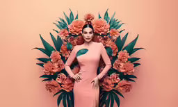 a girl is wearing a pink dress and standing in front of some flowers