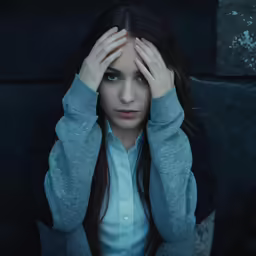 a beautiful young woman covering her eyes in the dark
