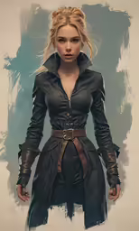 a woman with an open collar and jacket, in a character art style