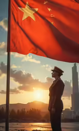 a person standing under a big flag