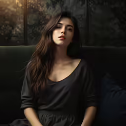 a woman sits on a couch looking up