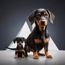 a dachshund and its miniature dog on a black background