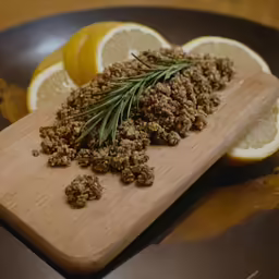 lemons and rosemary are arranged on a cutting board