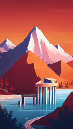 a painting of the ocean in front of snowy mountains,an illustration of a mountain covered in snow