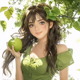 a young girl in green holding an apple