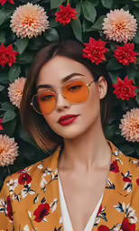 a woman wearing glasses next to flowers