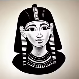 an egyptian mask on a wall with a black hat