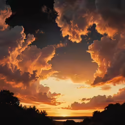 a colorful sky with orange, yellow and blue clouds over some trees