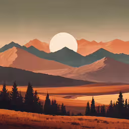 a painting depicting the setting sun over a lake surrounded by mountains,a landscape painted with an orange hue and a full moon