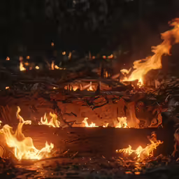 a fire is burning in a field with many logs