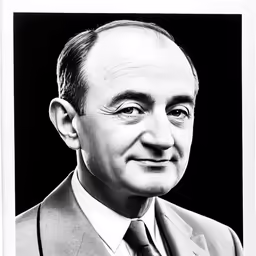 a black and white photo of a man with a suit and tie
