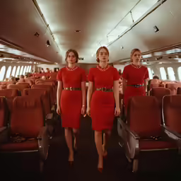 three women walking towards the camera on an airplane