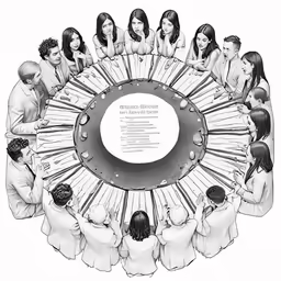 a drawing of people surrounding a large structure with circles