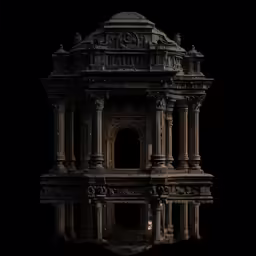 an intricately carved structure with a clock and columns on a black background