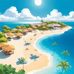 an animated sandy shore with beach chairs, thatched huts and palm trees