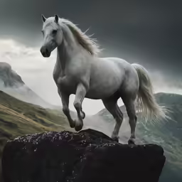 a white horse runs along a rocky edge